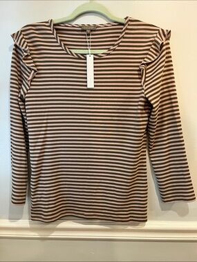 Lilla P Striped Ruffle-Shoulder Long Sleeve Top - Pink and Brown